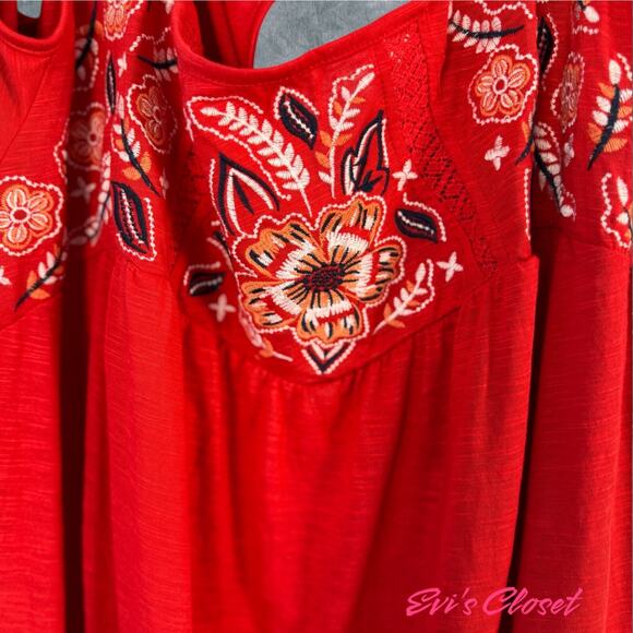 Kelly Renee Bohemian Red Embroidered Tie Cold Shoulder Peasant Tunic Blouse 3X - Picture 3 of 15